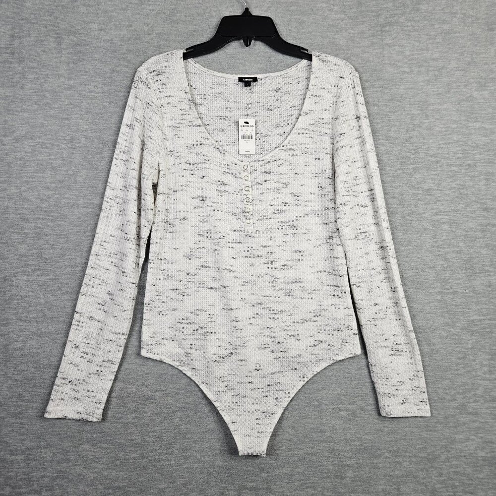 Express Long Sleeve Light Gray Knit Long Sleeve Bodysuit Size L NEW